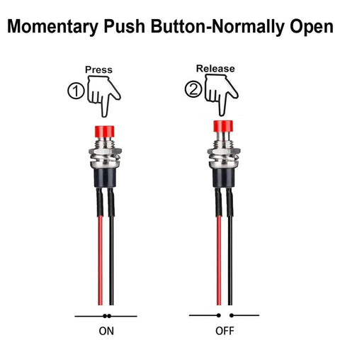 Diagram demonstrating ON/OFF function of red button from 12 Pack 7mm Prewired Momentary Push Buttons SPST NO NC 2-Pin for Model Railways
