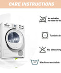 Image of a white clothes dryer with care instructions including tumble dry, no wrinkles, no bleaching, and machine washable at 30 degrees.