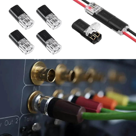 20 Pack Double-Wire Push-In Connectors With Locking Buckle, Quick 2-Pin Terminal Blocks displayed next to an audio connection panel.
