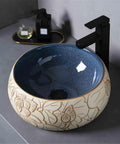 UYTROPLK Bathroom Vessel Sink Ceramic Outdoor Indoor Bathroom Vintage Pedestal Basin with Accessories Patio Wash Basin Round Bathroom Sink featuring blue interior and floral design.