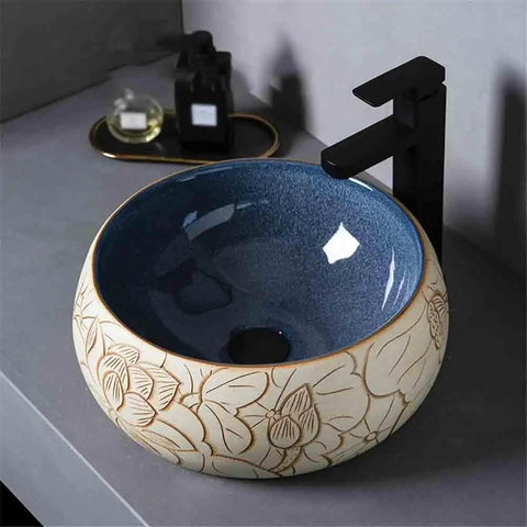 UYTROPLK Bathroom Vessel Sink Ceramic Outdoor Indoor Bathroom Vintage Pedestal Basin with Accessories Patio Wash Basin Round Bathroom Sink featuring blue interior and floral design.