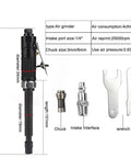 11 Inch Extra Long Straight Air Die Grinder With A Badass Pneumatic Build And 22000 RPM with chuck and accessories shown.