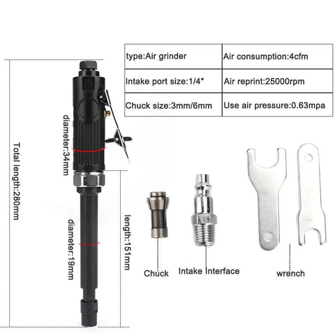11 Inch Extra Long Straight Air Die Grinder With A Badass Pneumatic Build And 22000 RPM with chuck and accessories shown.