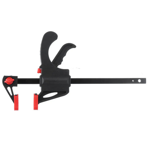 Dead Serious Six Inch Woodworking Bar Clamp With Long Rod Frame for tight corners, featuring black steel and red accents for easy one-handed use.