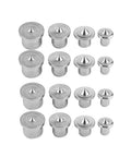 Dowel Center Set 16 Piece With Four Sizes 6mm 8mm 10mm And 12mm For Precise Hole Transfer In Frame And Panel Assembly Made From Steel With Chrome Plating Alignment Tools For Woodworking Projects, displayed on white background.