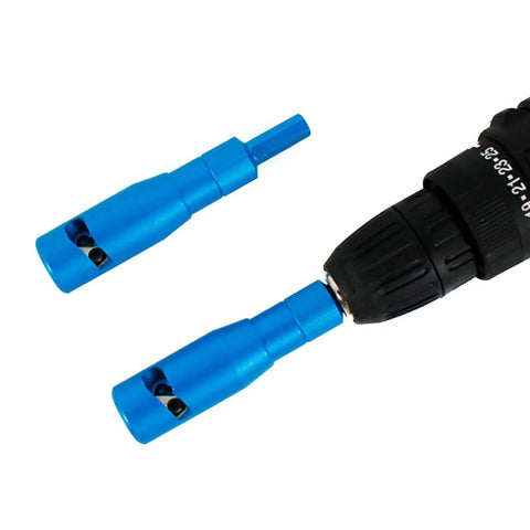 Heavy Duty Wire Stripper Crimping Tool For Power Drill includes two blue adapters for quick cable stripping and connecting.