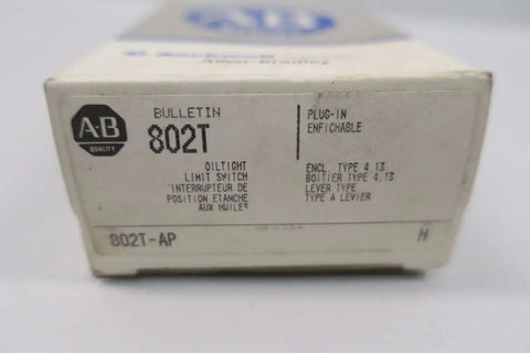 Close-up of the 802T AP Limit Switch Series H Heavy Duty Industrial Control Sensor packaging showing specifications.