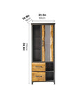 Rugged Industrial Wine Cabinet Floor Stand With Vintage Iron Finish and ample shelving for storage dimensions displayed.