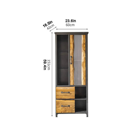 Rugged Industrial Wine Cabinet Floor Stand With Vintage Iron Finish and ample shelving for storage dimensions displayed.