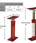 Heavy-Duty Basement Floor Jack With 16 Inch Lift Height And 9,738 Pound Capacity In Red Steel, Telescoping Brace, Dimensions Shown