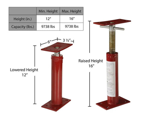 Heavy-Duty Basement Floor Jack With 16 Inch Lift Height And 9,738 Pound Capacity In Red Steel, Telescoping Brace, Dimensions Shown