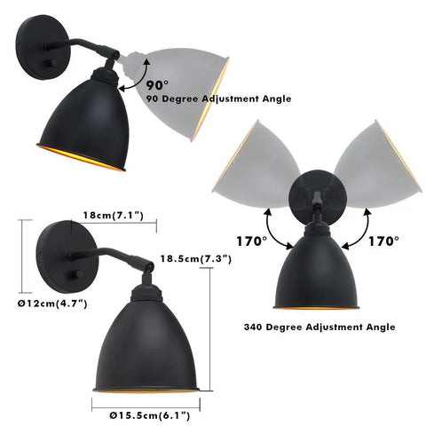 2 Pack Vintage Wall Sconce Bookcase Light Set With Dimmable On Off Switch Hardwired Industrial Style Metal Fixture 6.1 Inch Oval Black Shade With Gold Accent Reading Light For Bedside showing adjustable angles and dimensions.
