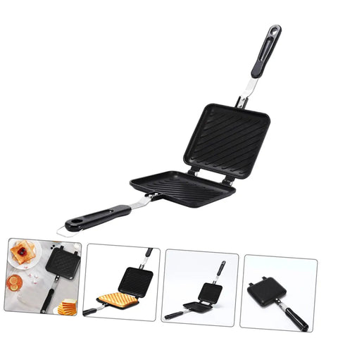 Dual-Sided Electric Mini Griddle And Waffle Maker with non-stick coating and ergonomic handle, ideal for breakfast.