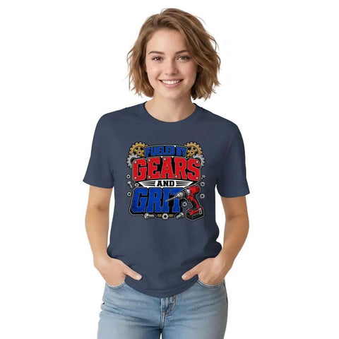 Dope Mechanical Engineer Tee For You, The Ultimate Gift For Garage Builders Fans Who Love Gear Graphic Art And Gritty Industrial Vibes To Rock With Pride, worn by a woman, navy color, 100% cotton.