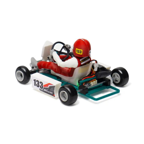 Rear view of One Thirty Second Scale Go Kart RC Car 2.4G with Remote Control, showing driver figure and detailed rear components.