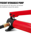 Close-up of red hydraulic pump from 15 Ton Hydraulic Knockout Punch Kit For Conduit Holes 22-60mm With 6 Dies, KO Tool Set, Metal Sheet Puncher For Aluminum, Heavy Duty Punch System