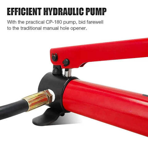 Close-up of red hydraulic pump from 15 Ton Hydraulic Knockout Punch Kit For Conduit Holes 22-60mm With 6 Dies, KO Tool Set, Metal Sheet Puncher For Aluminum, Heavy Duty Punch System