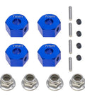 Beefed Up Aluminum 12mm Hex Wheel Hubs With Axle Pins And Nuts Replacement 1654 For 1/10 Scale RC, showing 4 blue hubs, pins, and nuts