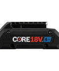 Side view of 18V CORE18V Lithium Ion 4Ah Advanced Power Battery showing branding and compact design