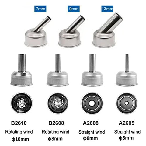 Lead Free 1000W Hot Air Gun Soldering Station nozzles in 7mm, 9mm, and 13mm sizes for precise desoldering and rework.