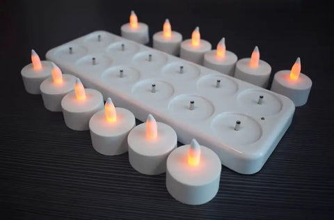 Rechargeable LED Tea Lights Set Of 12 With Flameless Flicker In Amber Color Includes Frosted Holders Charge Base Power Adapter And User Manual