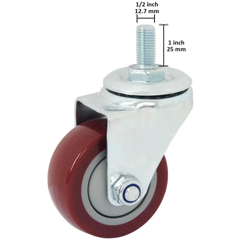 Beefy Heavy Duty 3 Inch Swivel Caster Wheel with 1/2 Inch Threaded Stem and 1 Inch Length in Red Polyurethane