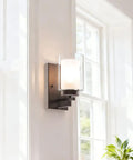 Dark Bronze Vanity Wall Light With Dual Glass Shades, 1 Light Hardwired Indoor Wall Sconce, Up Or Downlight Capability