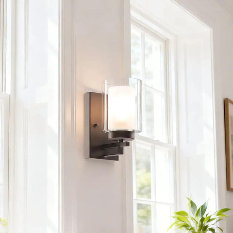 Dark Bronze Vanity Wall Light With Dual Glass Shades, 1 Light Hardwired Indoor Wall Sconce, Up Or Downlight Capability