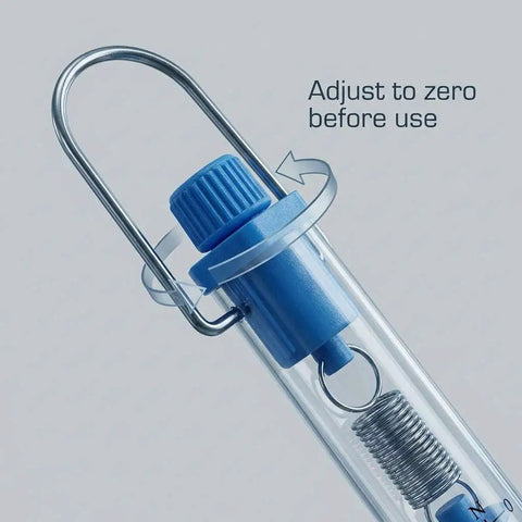 Close-up of Tubular Spring Scale Set With 1N To 30N Range Dual Newton And Gram Readouts for Your Go To Physics Lab Easy Zero Adjustment