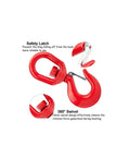 Close-up of Heavy Duty 15 Ton Swivel Lifting Hook With Secure Latch, drop forged alloy steel for crane or forklift use.