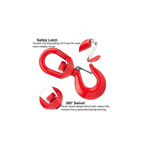 Close-up of Heavy Duty 15 Ton Swivel Lifting Hook With Secure Latch, drop forged alloy steel for crane or forklift use.