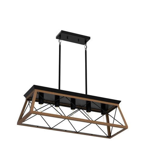 Farmhouse Five-Light Linear Pendant Chandelier For Dining Room And Kitchen Island - Rustic Rectangular Metal Ceiling Light With Adjustable Height, Solid Steel Construction, side view