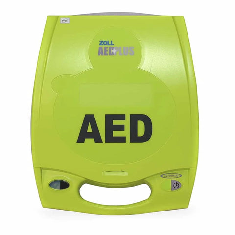 Front view of a neon yellow-green Zoll AED Plus automated external defibrillator.