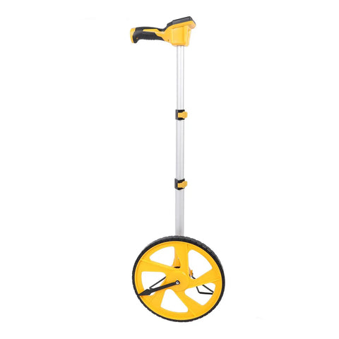 aqxreight Distance Measuring Wheel with Backlit Display, Precision, featuring a yellow wheel and adjustable aluminum handle.