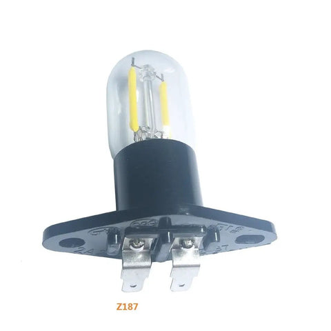 Close-up of 2 Pack LED Filament Microwave Bulb with Z187 Base, 1.5W, 125V, showing compact size and dual filament design.
