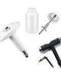 All In One Skate Bearing Cleaning Kit With Press And Puller Cleaning Bottle And Wrench For Skateboards Roller Skates And Scooters Maintenance Pro Grade Setup For Easy Install And Prime Bearing Performance For Skaters, showing tools and bottle