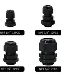 Heavy Duty Waterproof NPT Cable Glands Kit All In One 38 Piece Nylon Strain Relief Connectors For Electrical Enclosures with NPT 1/4 3/8 1/2 3/4 inch threads