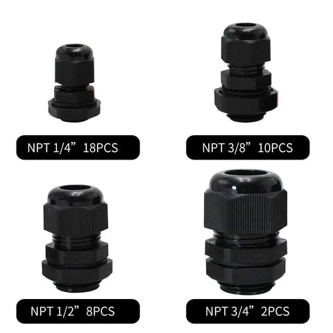 Heavy Duty Waterproof NPT Cable Glands Kit All In One 38 Piece Nylon Strain Relief Connectors For Electrical Enclosures with NPT 1/4 3/8 1/2 3/4 inch threads