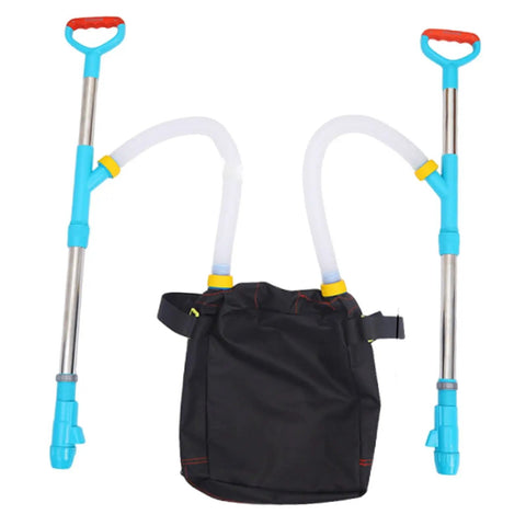 Backpack Spreader Sprayer For Granular Fertilizer And Manure with double handle, shown with tubing and black bag for garden use.