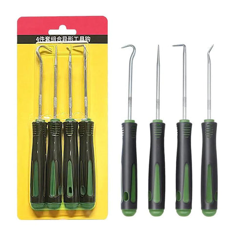 Automotive pick and hook set, 4 pieces, with green and black handles in yellow blister-pack