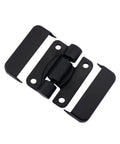 Front view of a black plastic cabinet door torque hinge with mounting plates and screw holes.
