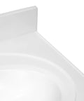 Close-up of 25 Inch Cultured Marble Vanity Top With Integrated Oval Sink And Backsplash White Pre Drilled For Three Faucet Holes