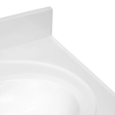 Close-up of 25 Inch Cultured Marble Vanity Top With Integrated Oval Sink And Backsplash White Pre Drilled For Three Faucet Holes
