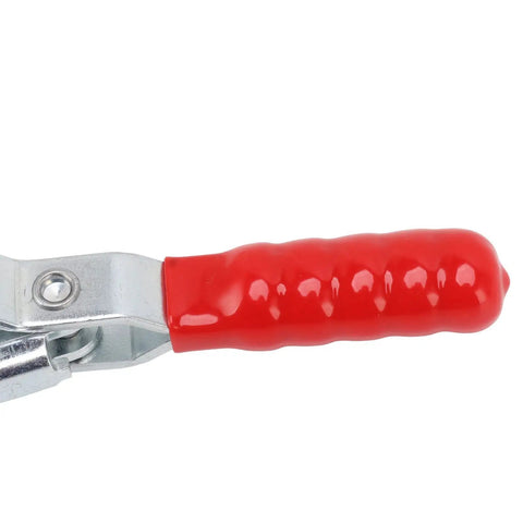 Adjustable Stainless Steel Toggle Clamp With Lengthened Lever Arm And Customizable Opening For Heavy Duty Workshop Jobs That Get The Grip Tight And Secure Every Single Time, red handle close-up