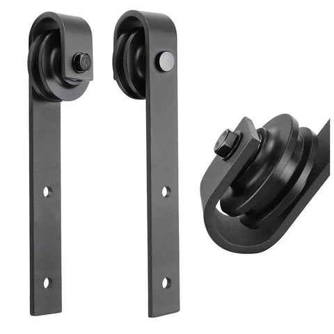Close-up of hardware included in the Interior Sliding Barn Door No Glass Solid Wood Black Finish 42x96 Inches track kit.