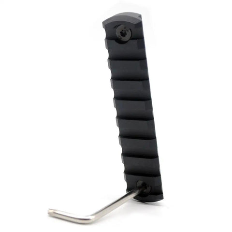 Heavy Duty 9 Slot Rail For M Rail System With Chamfered Edges And Beveled Ends Made From Aircraft Grade 6061 T6 Aluminum Anodized Finish Mil Std 1913 Rails For Tac Accessories Precision CNC Machined Includes Quincunx Screws And Wrench, shown with wrench included