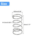Side view of stainless steel compression spring; 25mm OD, 1.6mm wire, 45mm free length, silver tone.
