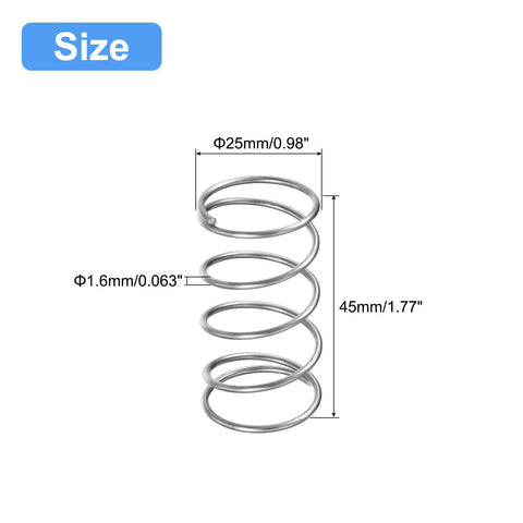 Side view of stainless steel compression spring; 25mm OD, 1.6mm wire, 45mm free length, silver tone.