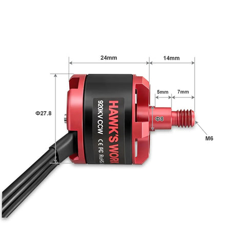 Side view of Beefy Brushless 2212 920KV RC Motor For Planes And Quadcopters 2 4S 52g with dimensions labeled in red.