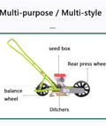 Diagram of Manual Corn Planter And Seed Drill showing seed box, balance wheel, rear press wheel, and ditchers.